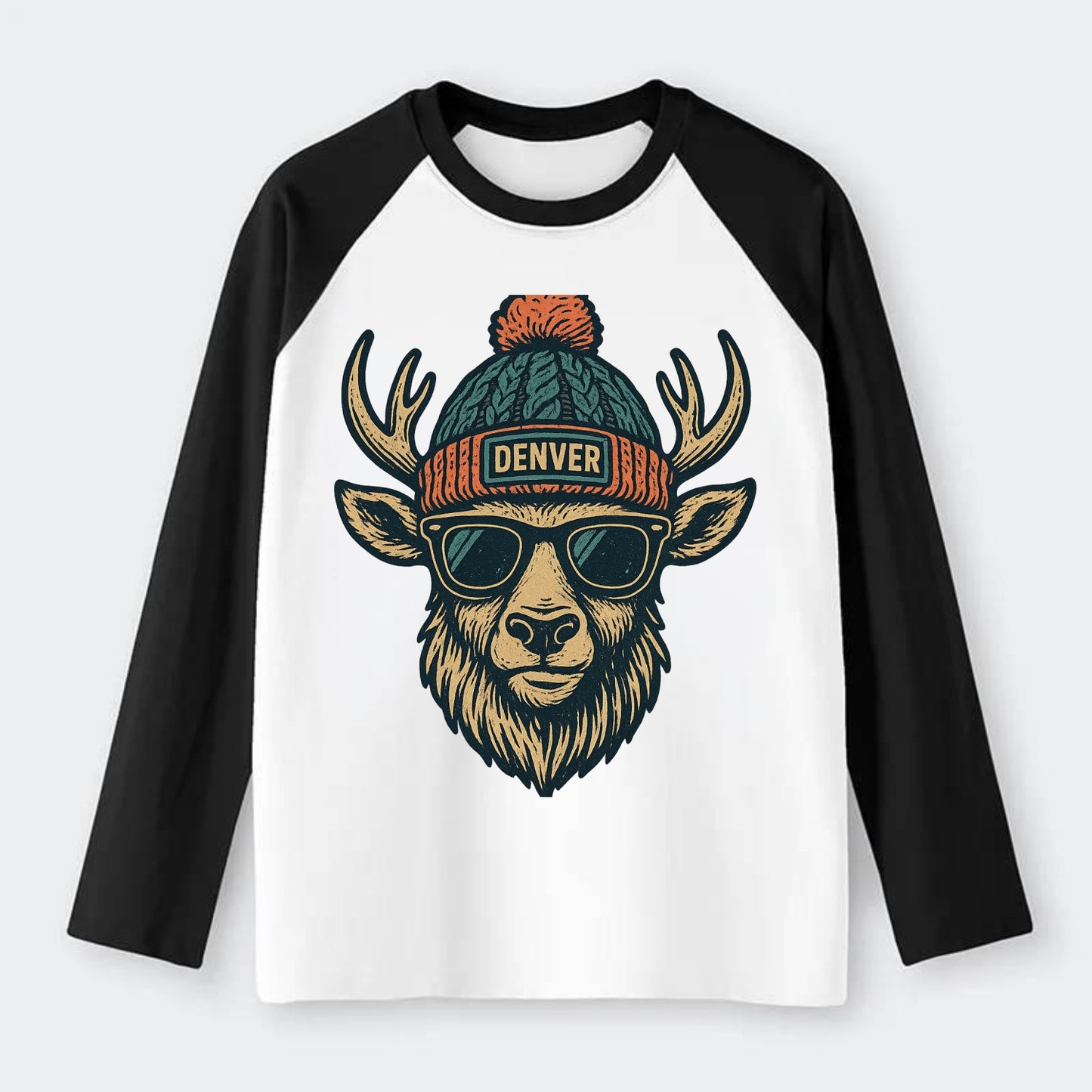 Denver Elk wearing Denver beanie with pom pom and wayfarer sunglasses - Raglan Long Sleeve T-Shirt - Black