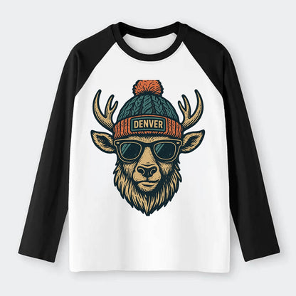 Denver Elk wearing Denver beanie with pom pom and wayfarer sunglasses - Raglan Long Sleeve T-Shirt - Black