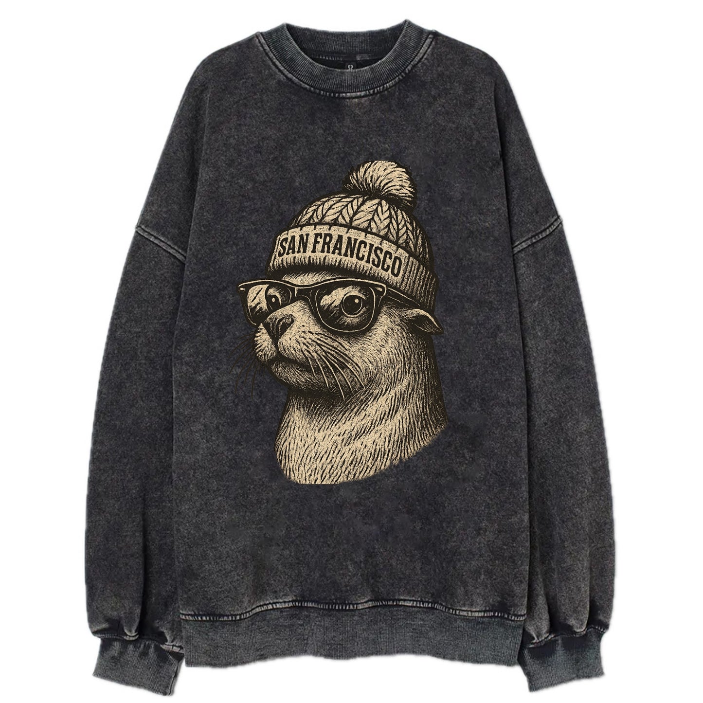 San Francisco Sea Lion wearing San Francisco beanie with pom pom and wayfarer - Vintage Sweatshirt - Black