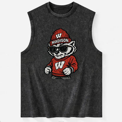 Madison Badger wearing Wisconsin beanie with motion W patch - Vintage Washed Tank - Black