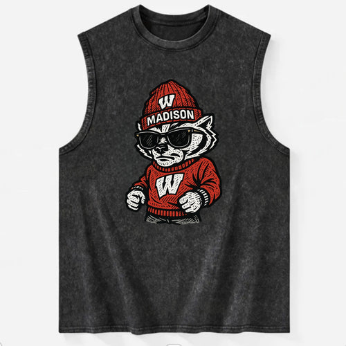 Madison Badger wearing Wisconsin beanie with motion W patch - Vintage Washed Tank