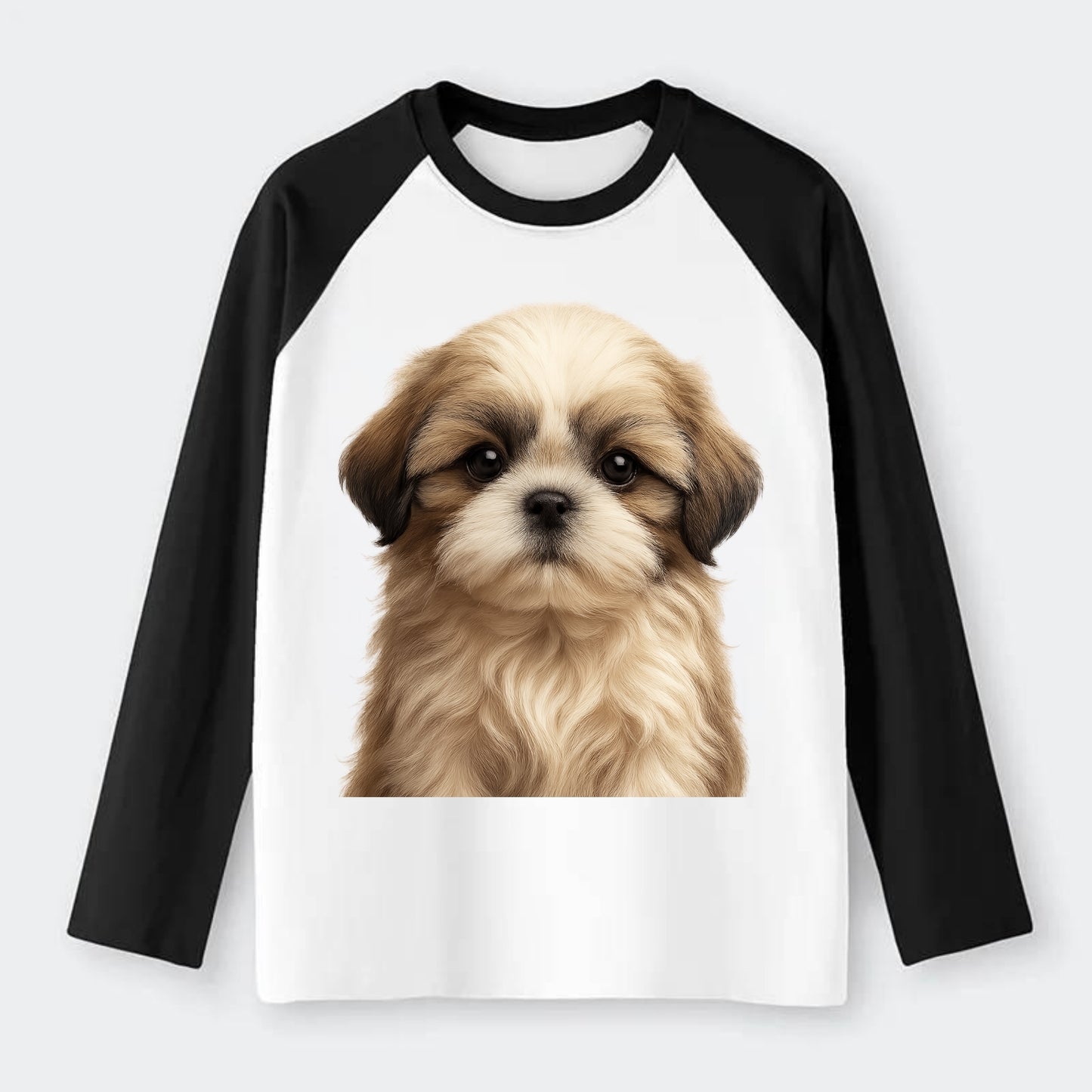 Baby Shih Tzu Puppy - long flowing coat, flat face, big dark eyes, - Raglan Long Sleeve T-Shirt - Black