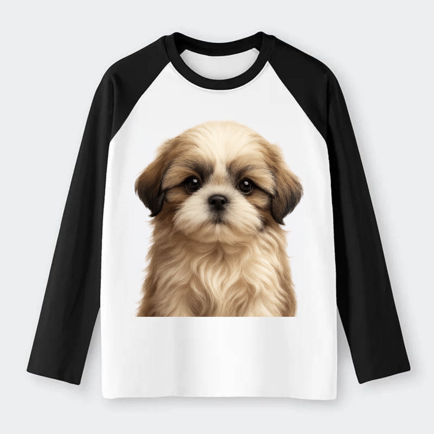 Baby Shih Tzu Puppy - long flowing coat, flat face, big dark eyes, - Raglan Long Sleeve T-Shirt - Black