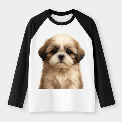 Baby Shih Tzu Puppy - long flowing coat, flat face, big dark eyes, - Raglan Long Sleeve T-Shirt - Black