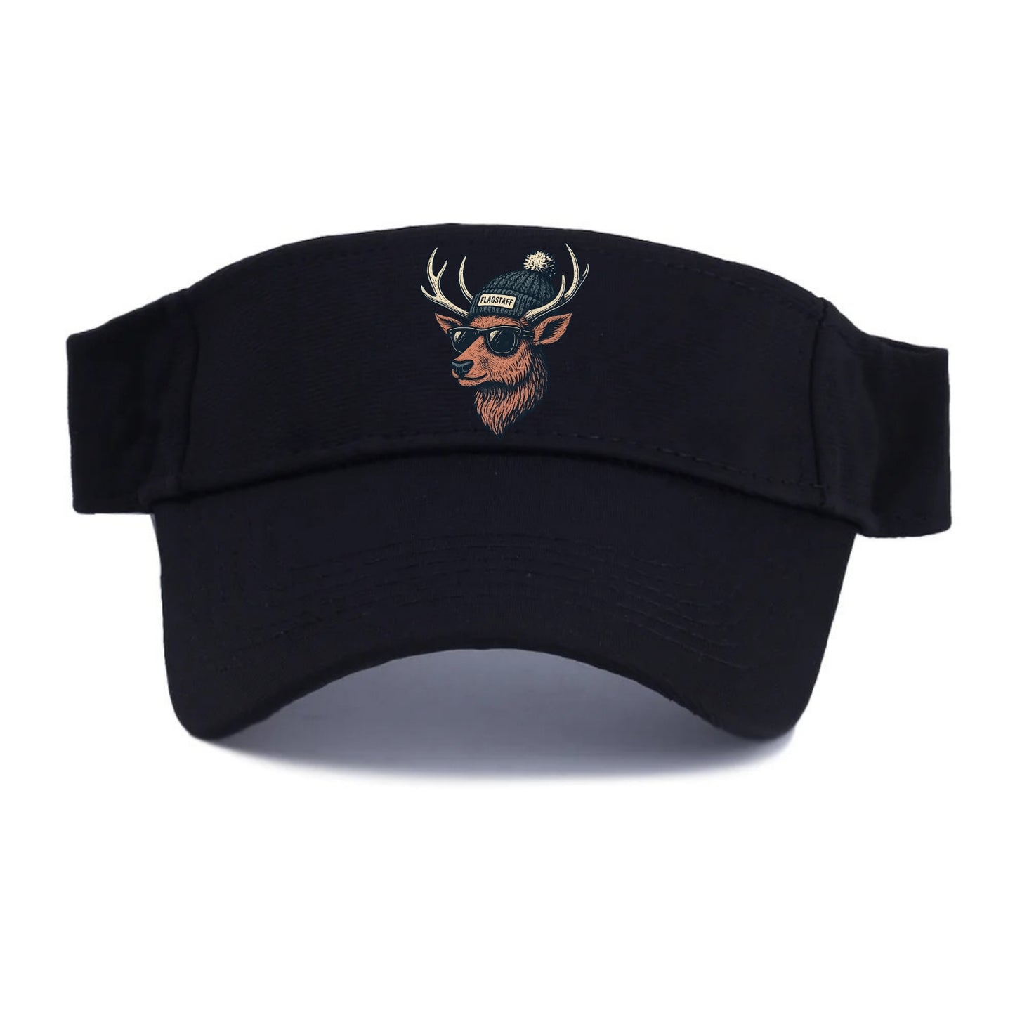 Flagstaff Elk wearing Flagstaff beanie with pom pom and wayfarer sunglasses - Visor - Black