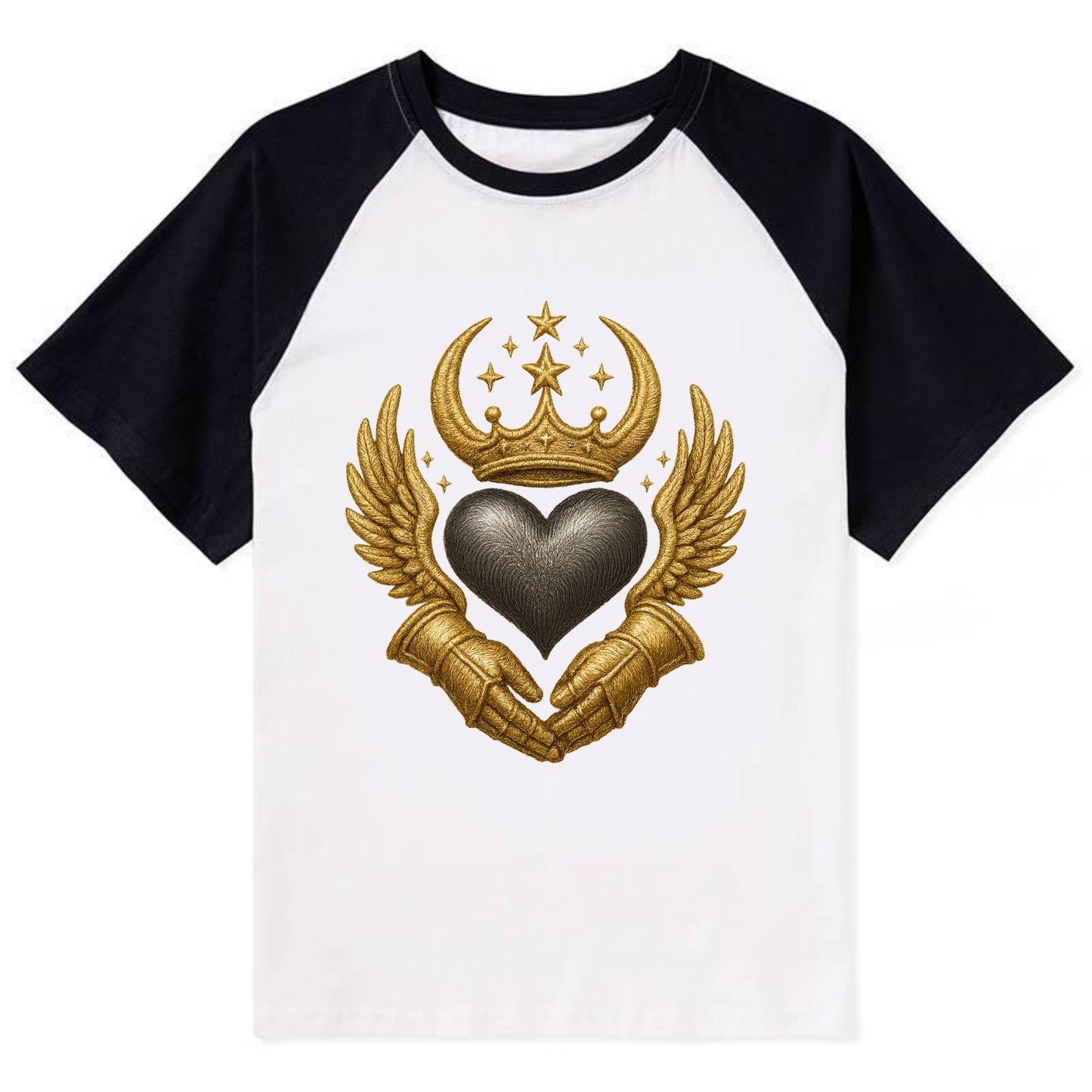 Nordic knotwork crown supporting a frosted steel heart with mittened - Contrast Raglan T-shirt - Black
