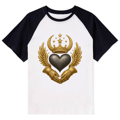 Nordic knotwork crown supporting a frosted steel heart with mittened - Contrast Raglan T-shirt - Black