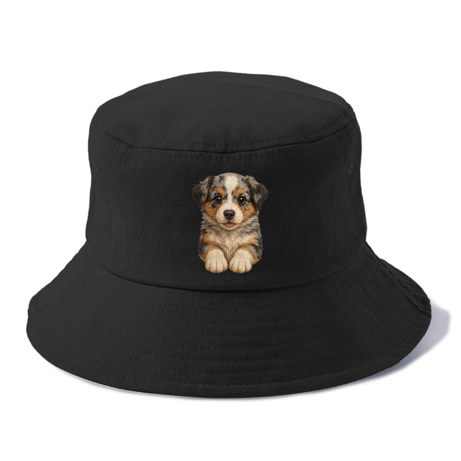 Baby Australian Shepherd Puppy - merle coat, bright eyes, fluffy, front-facing, smart - Bucket Hat - Black