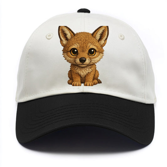 Baby Coyote Pup - tan fur, large ears, golden eyes, front-facing, clever baby - Two Tone Cap - Black