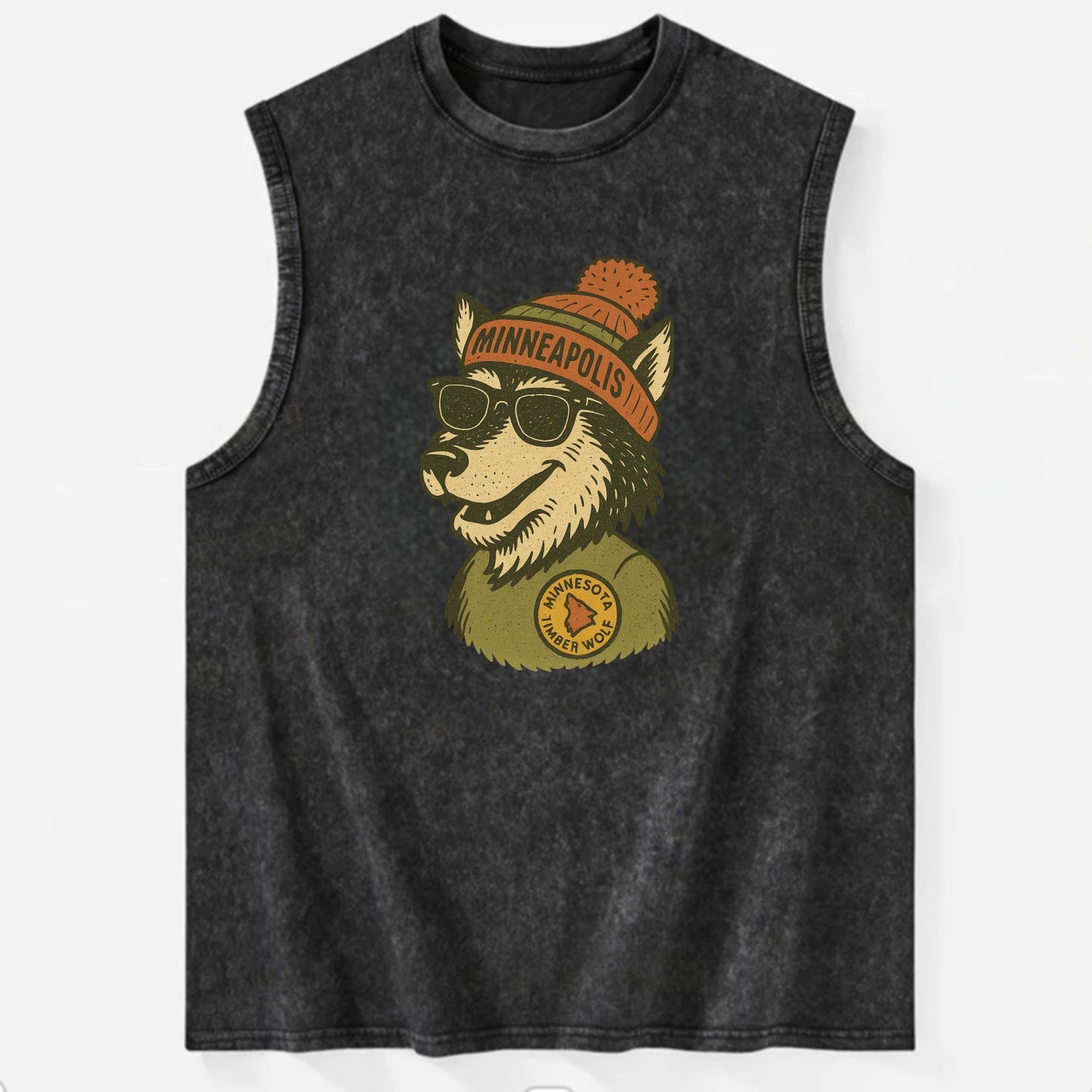 Minnesota Timber Wolf wearing Minneapolis beanie with pom pom and wayfarer - Vintage Washed Tank - Black