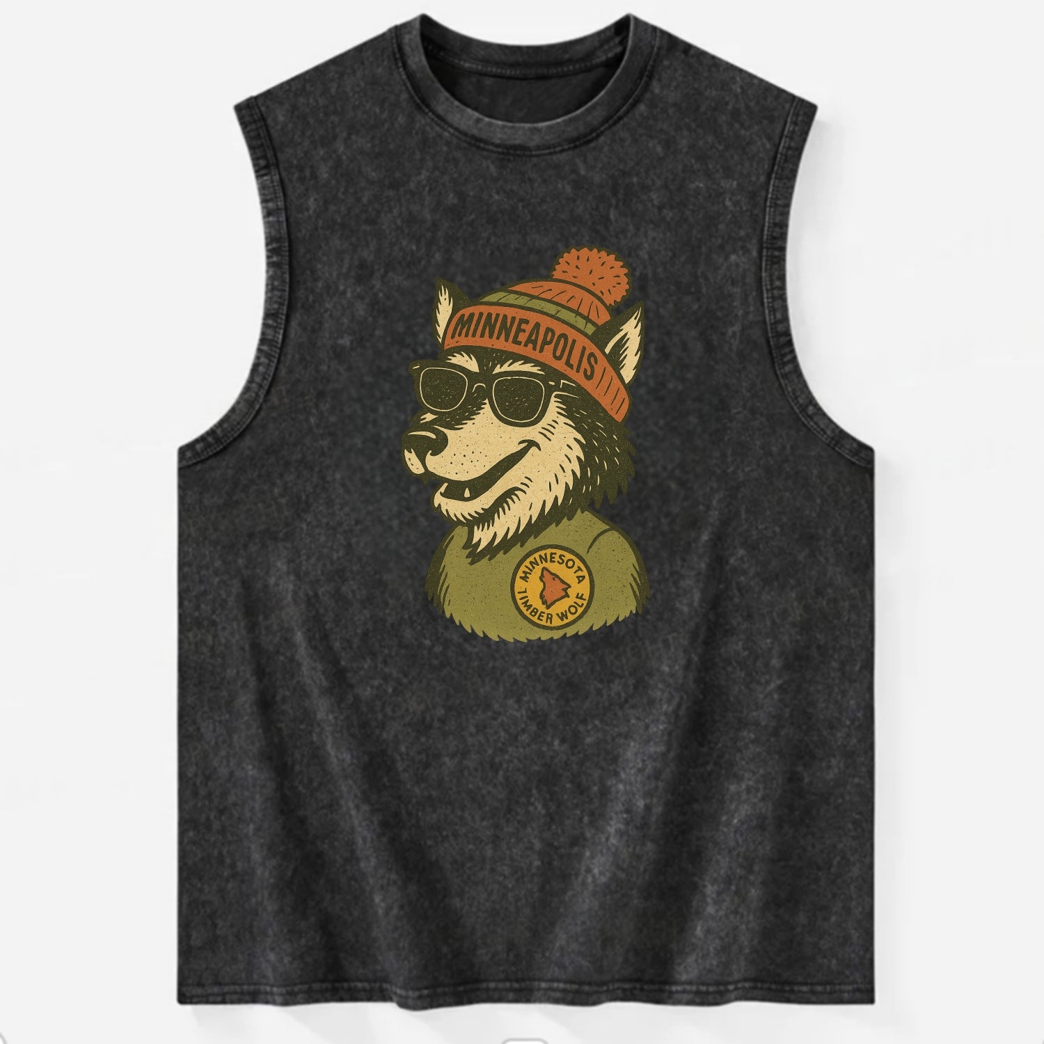 Minnesota Timber Wolf wearing Minneapolis beanie with pom pom and wayfarer - Vintage Washed Tank - Black