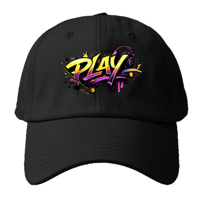 Bold typography design - "PLAY" - creative expression, musical performance - Baseball Cap - Black