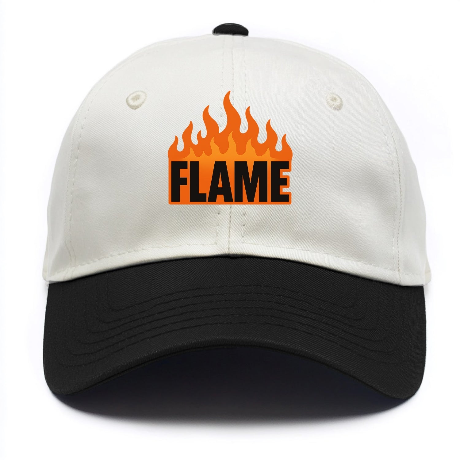 Bold typography design - "FLAME" - burning bright, passionate - Two Tone Cap - Black