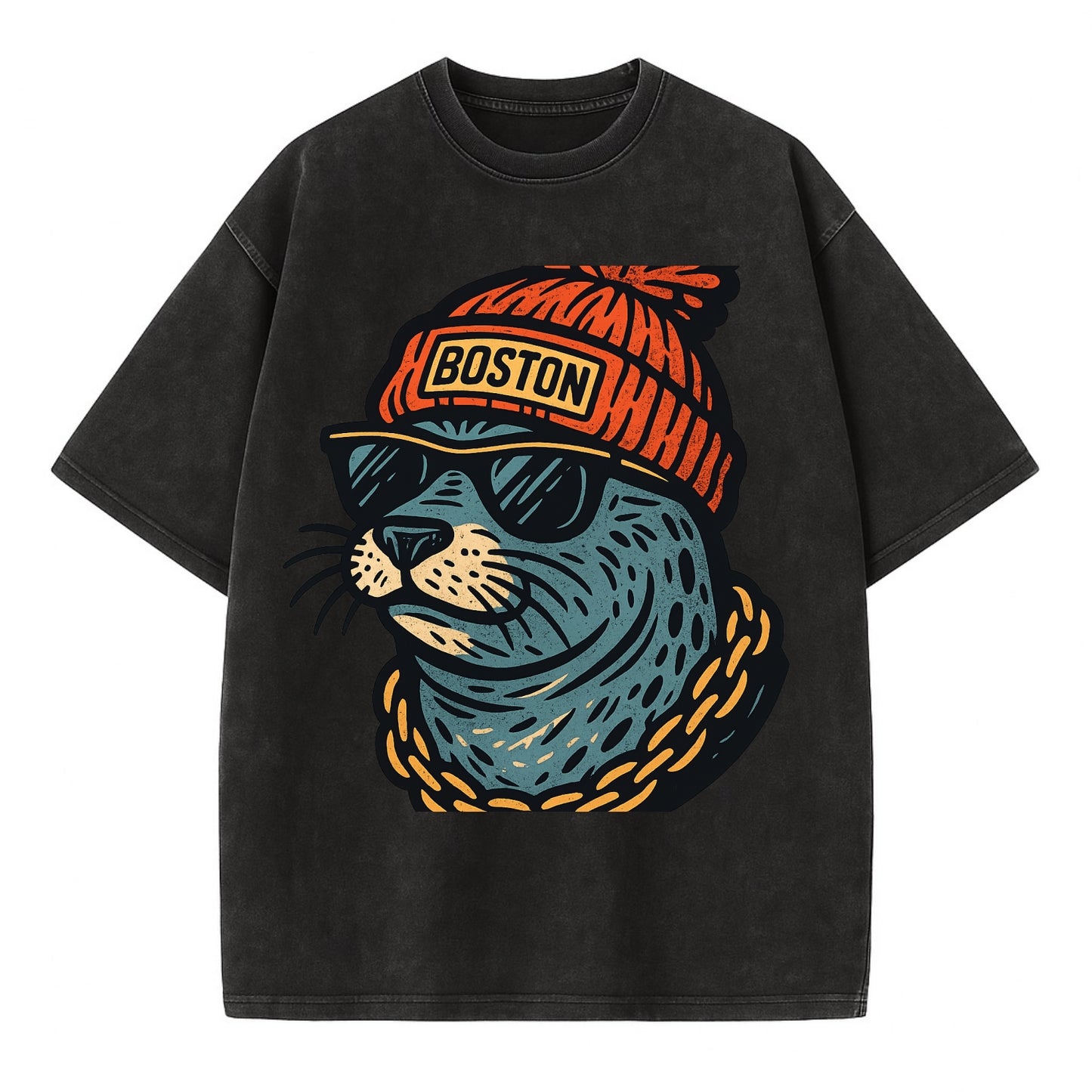 Boston Harbor Seal wearing Boston beanie with pom pom and wayfarer sunglasses - Vintage T-shirt - Black