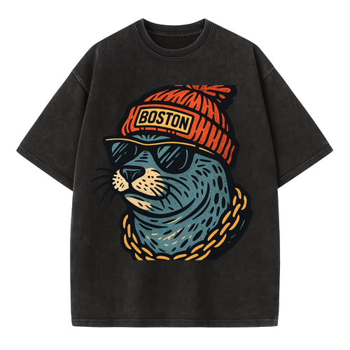 Boston Harbor Seal wearing Boston beanie with pom pom and wayfarer sunglasses - Vintage T-shirt
