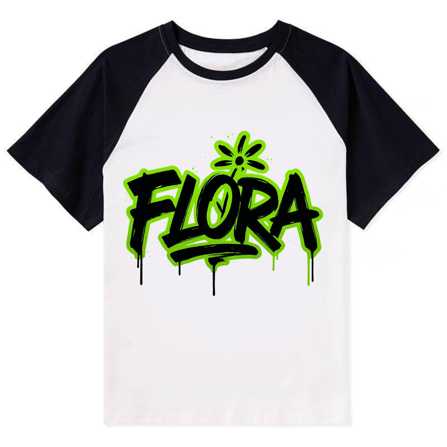 Bold typography design - "FLORA" - plant life, blooming - Contrast Raglan T-shirt - Black