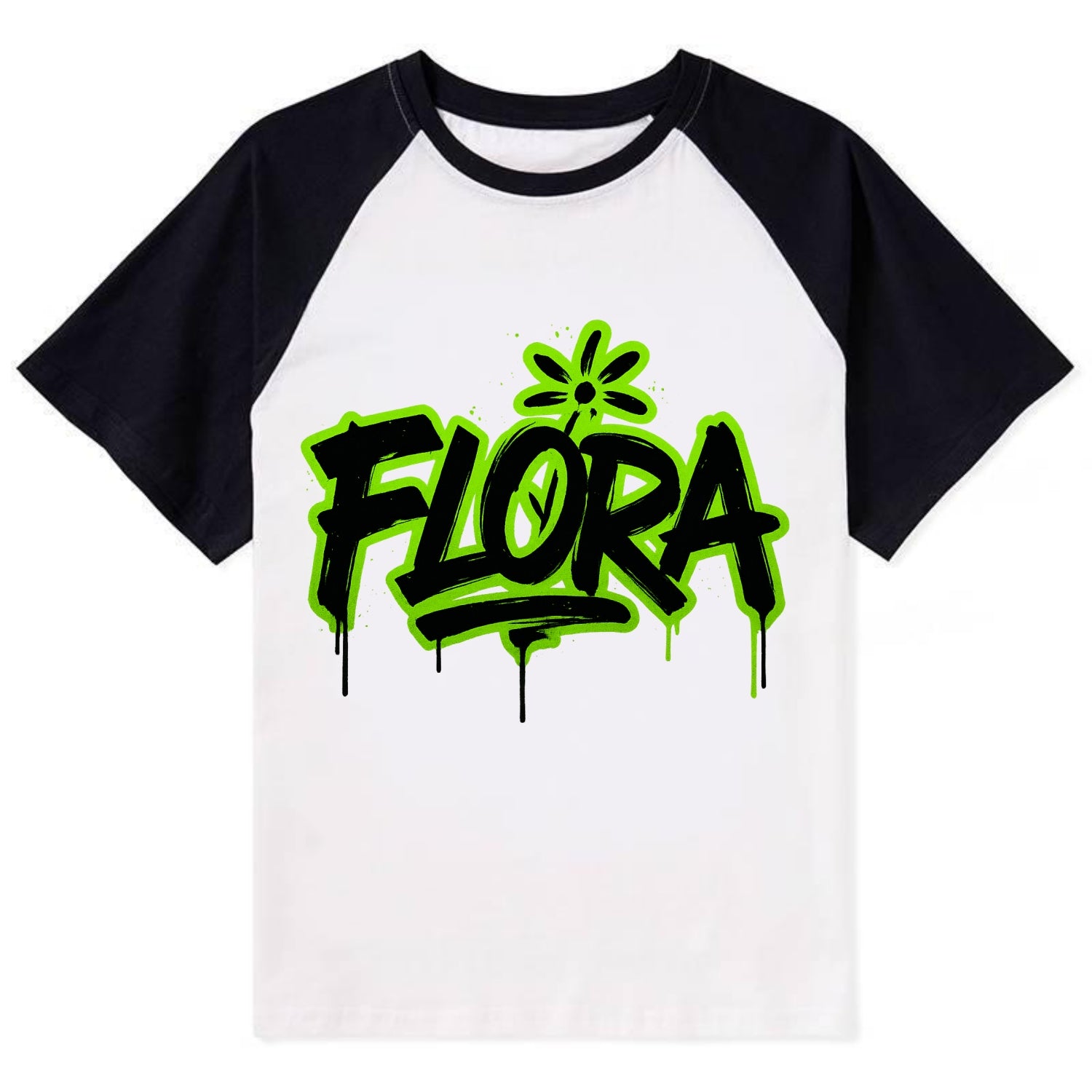 Bold typography design - "FLORA" - plant life, blooming - Contrast Raglan T-shirt - Black