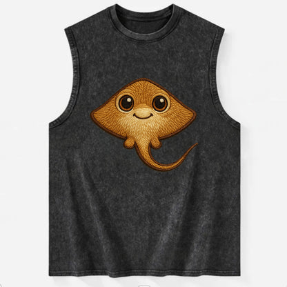 Baby Stingray - flat body, long tail, eyes on top, front-facing, friendly - Vintage Washed Tank - Black