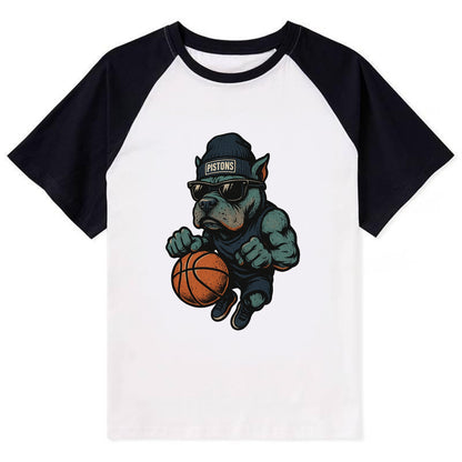 Detroit Pitbull wearing Pistons beanie with chrome patch and wayfarer - Contrast Raglan T-shirt - Black