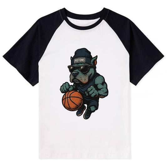 Detroit Pitbull wearing Pistons beanie with chrome patch and wayfarer - Contrast Raglan T-shirt - Black