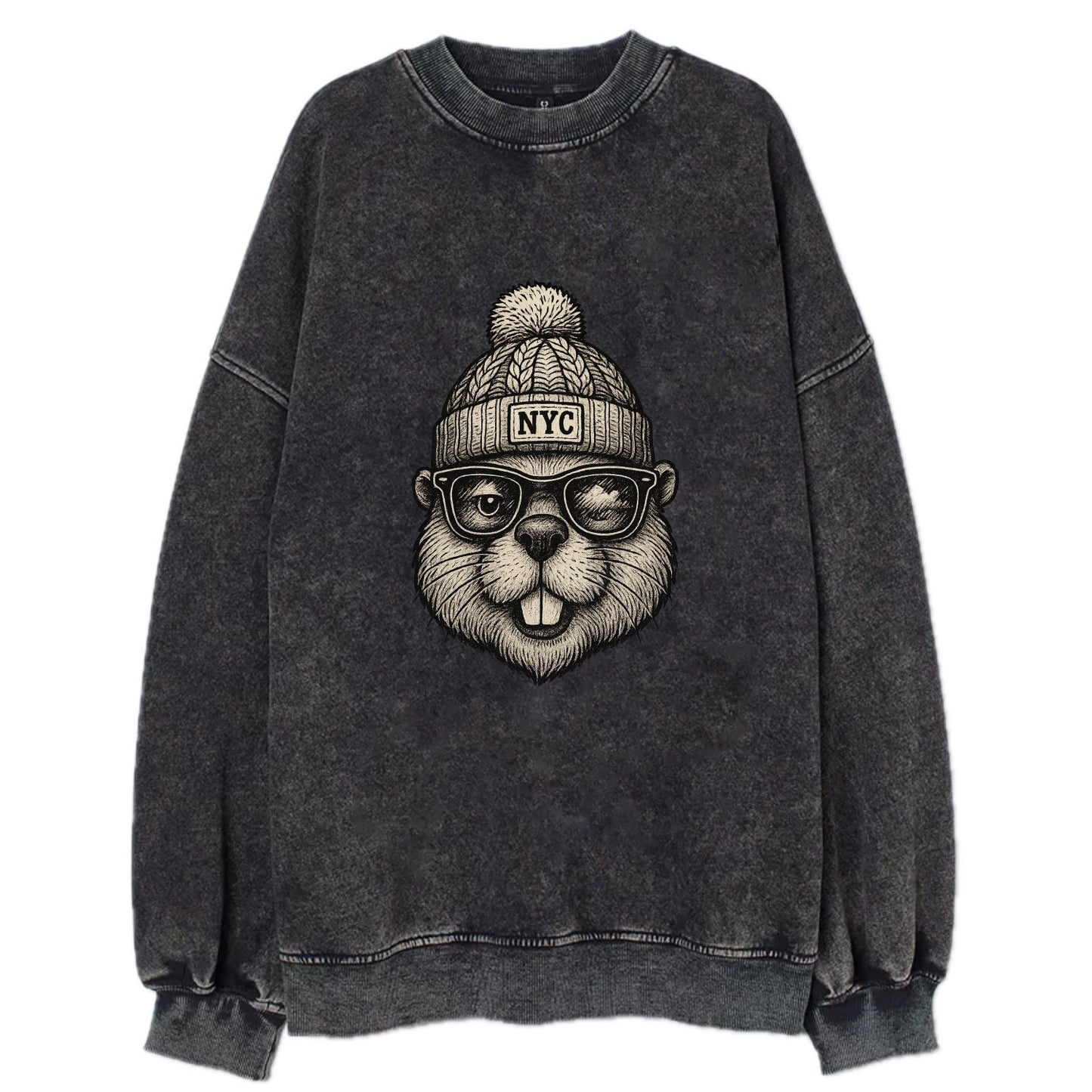 New York Beaver wearing NYC beanie with pom pom and wayfarer sunglasses - Vintage Sweatshirt - Black