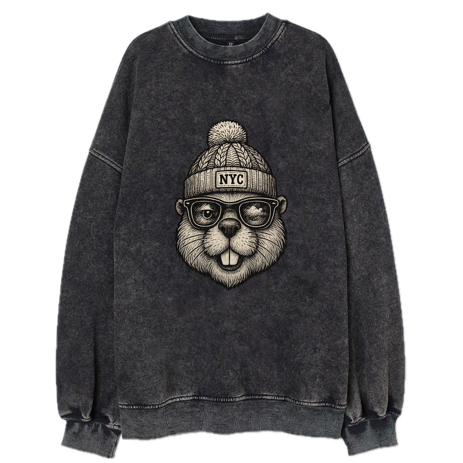 New York Beaver wearing NYC beanie with pom pom and wayfarer sunglasses - Vintage Sweatshirt - Black