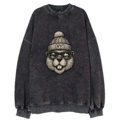 New York Beaver wearing NYC beanie with pom pom and wayfarer sunglasses - Vintage Sweatshirt - Black