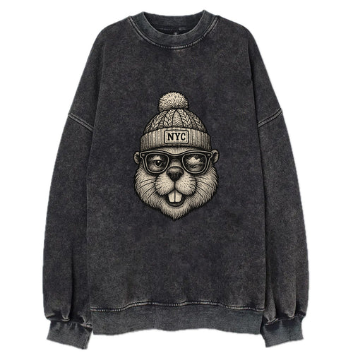 New York Beaver wearing NYC beanie with pom pom and wayfarer sunglasses - Vintage Sweatshirt