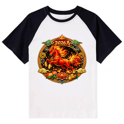 FIRE HORSE | Flaming mane and tail horse | Blazing orange and red colors - Contrast Raglan T-shirt - Black