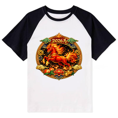 FIRE HORSE | Flaming mane and tail horse | Blazing orange and red colors - Contrast Raglan T-shirt