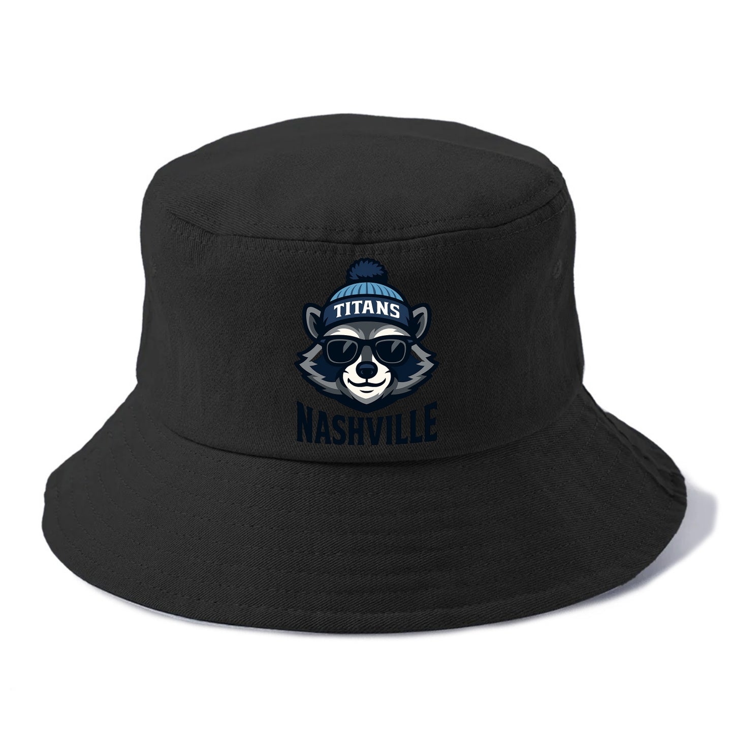 Nashville Raccoon wearing Titans navy and light blue beanie with pom pom and wayfarer - Bucket Hat - Black