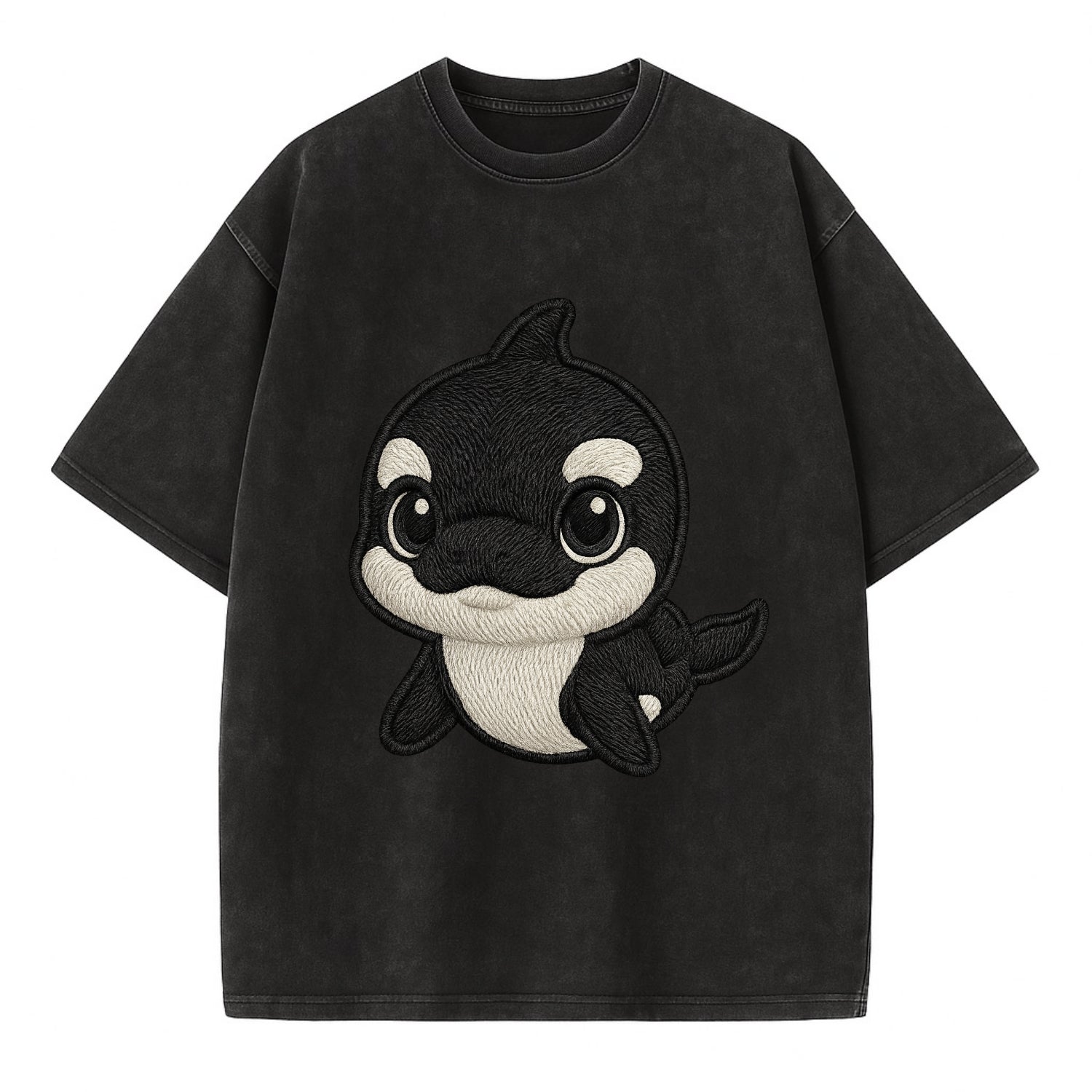 Baby Orca - black and white pattern, white eye patch, front-facing, curious and - Vintage T-shirt - Black