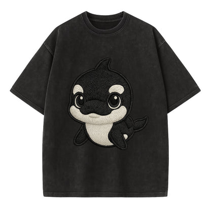 Baby Orca - black and white pattern, white eye patch, front-facing, curious and - Vintage T-shirt - Black