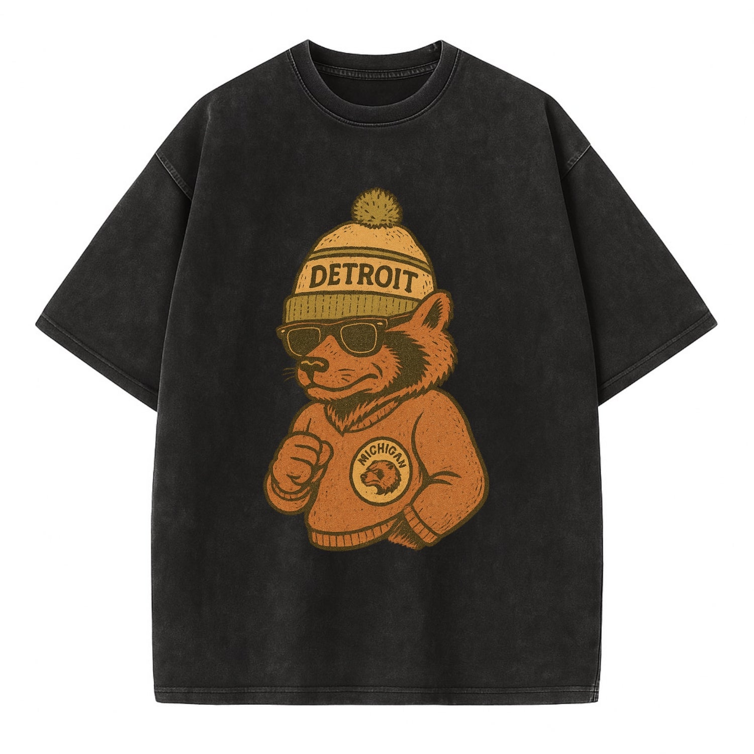 Michigan Wolverine wearing Detroit beanie with pom pom and wayfarer sunglasses - Vintage T-shirt - Black