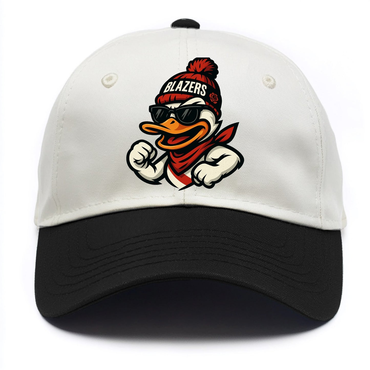 Oregon Duck wearing Trail Blazers beanie with rose patch and wayfarer sunglasses - Two Tone Cap - Black
