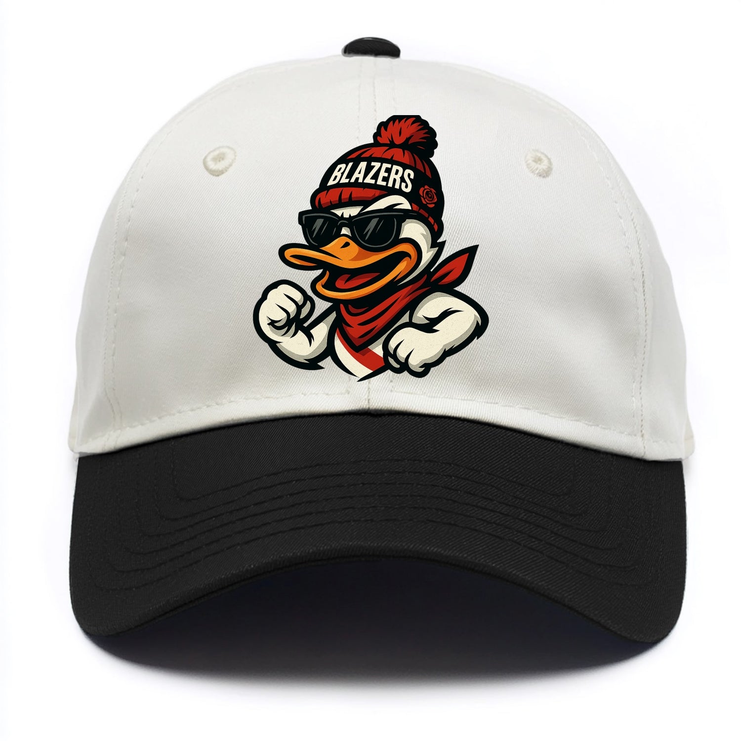 Oregon Duck wearing Trail Blazers beanie with rose patch and wayfarer sunglasses - Two Tone Cap - Black