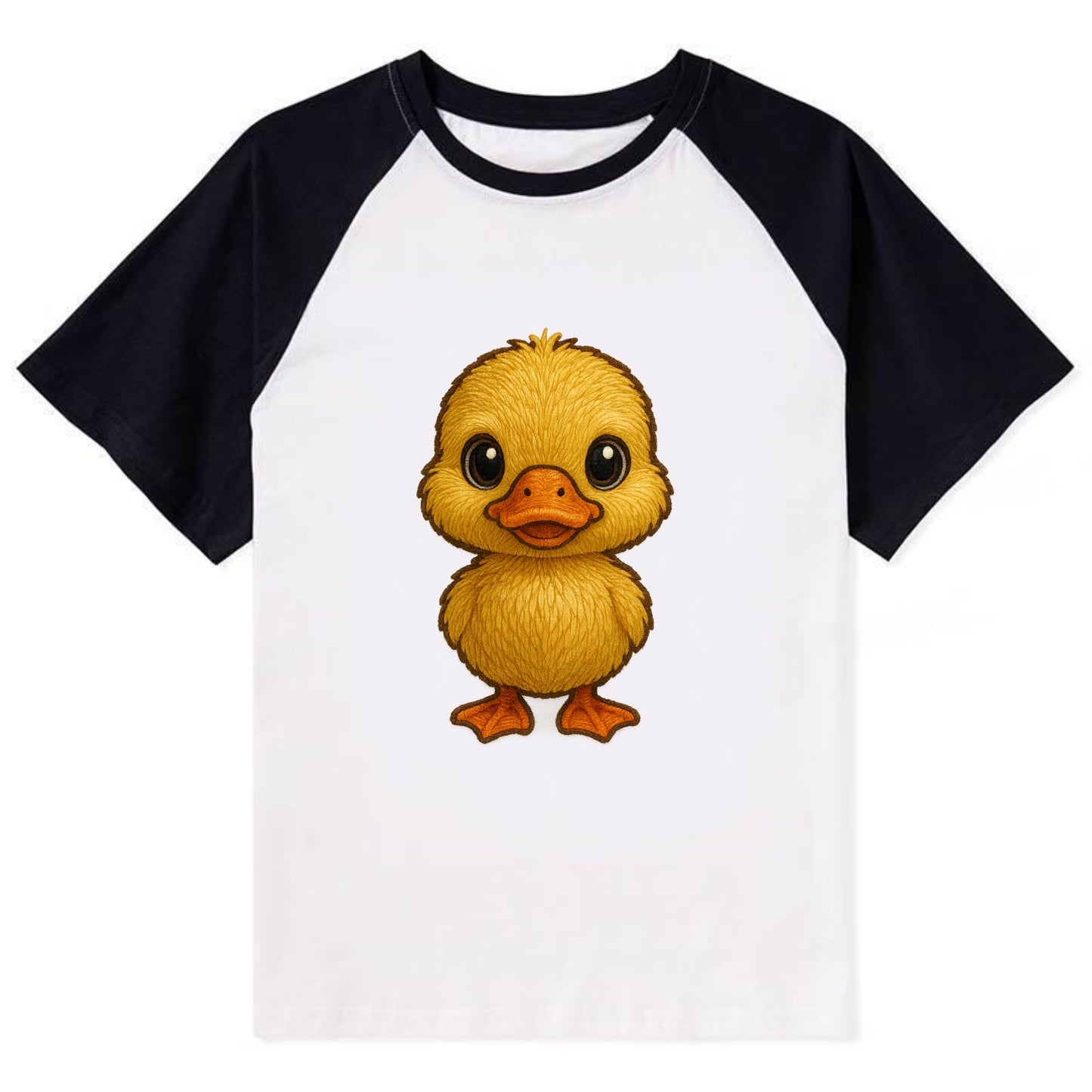 Baby Duck Duckling - yellow fluffy, orange beak, bright eyes, - Contrast Raglan T-shirt - Black
