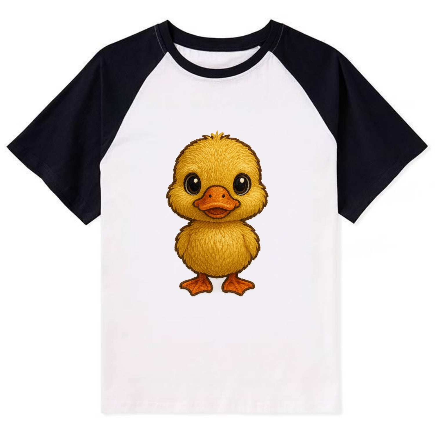 Baby Duck Duckling - yellow fluffy, orange beak, bright eyes, - Contrast Raglan T-shirt - Black