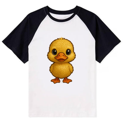 Baby Duck Duckling - yellow fluffy, orange beak, bright eyes, - Contrast Raglan T-shirt - Black