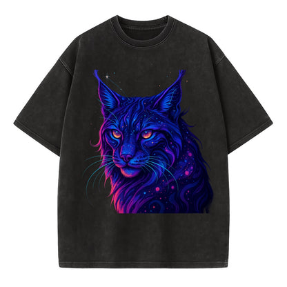 Stealthy lynx with ear tufts forming constellation patterns, nebula spots across - Vintage T-shirt - Black