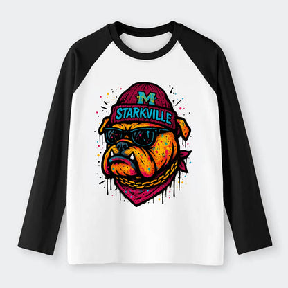 Starkville Bulldog wearing Mississippi State beanie with M patch - Raglan Long Sleeve T-Shirt - Black
