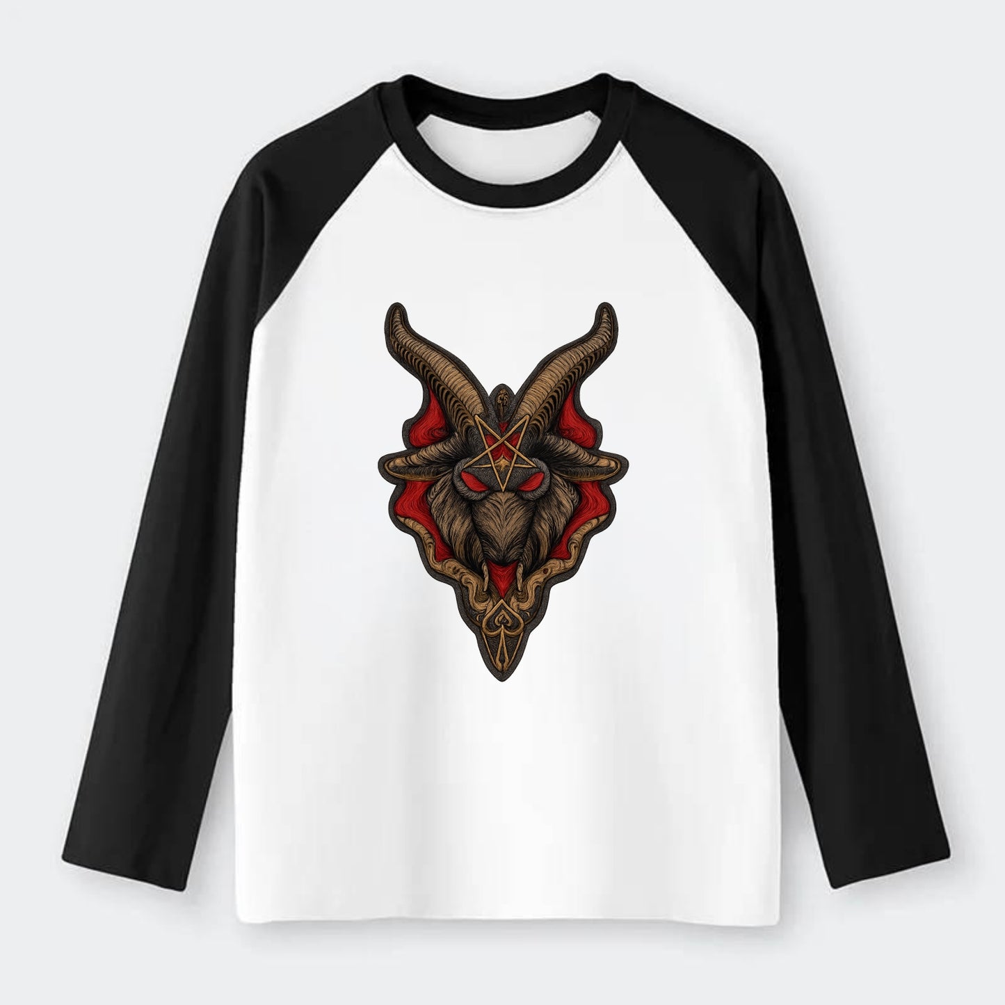 BAPHOMET HEAD - goat head symbol in black and red , occult - Raglan Long Sleeve T-Shirt - Black