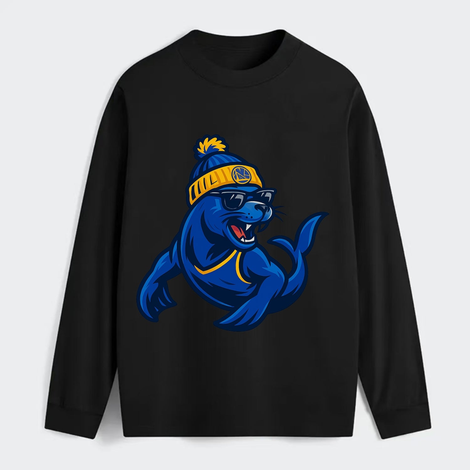 Bay Area Sea Lion wearing Warriors blue and gold beanie with Golden - Classic Long Sleeve Shirt - Black