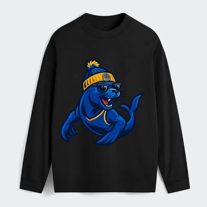 Bay Area Sea Lion wearing Warriors blue and gold beanie with Golden - Classic Long Sleeve Shirt - Black