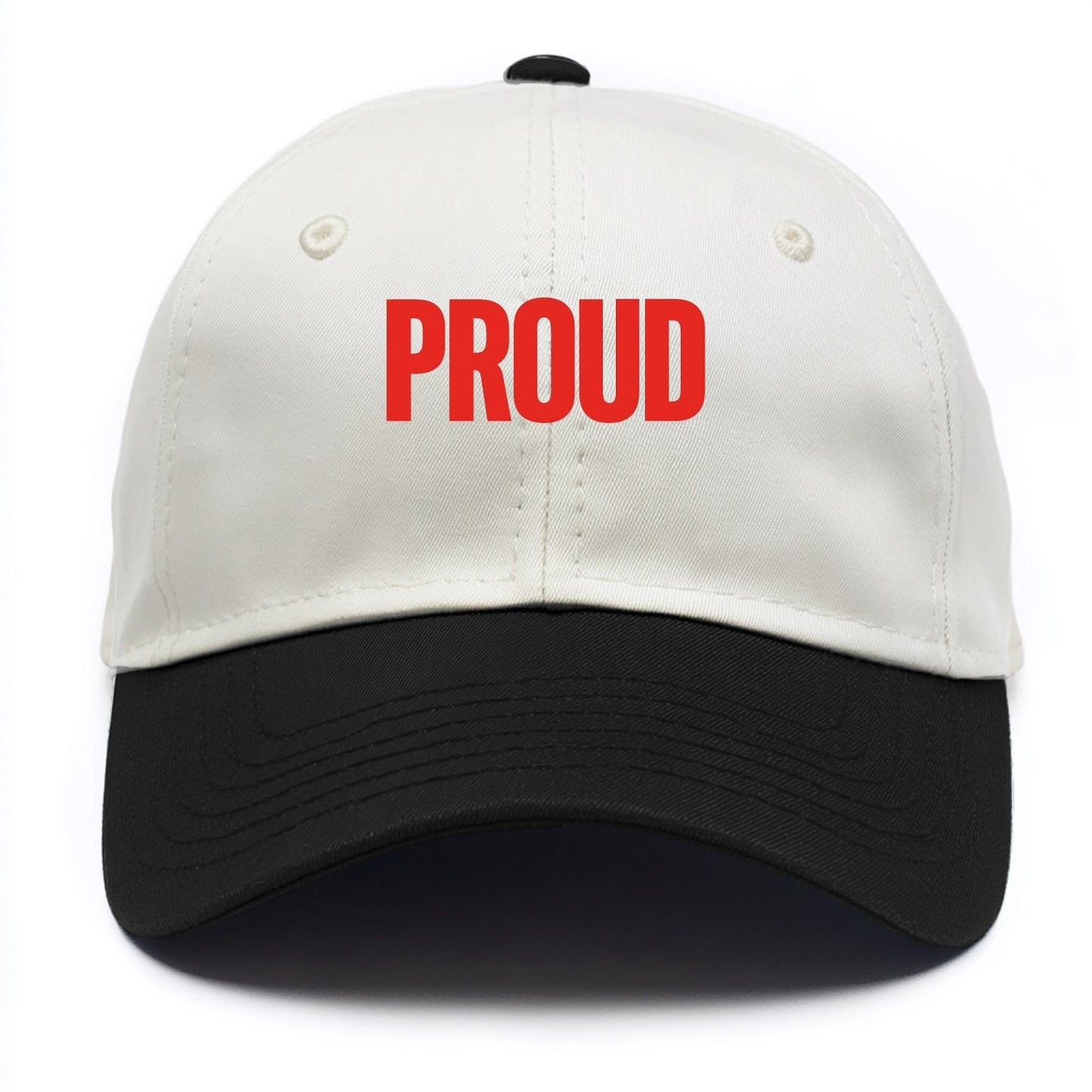 Bold typography design - "PROUD" - satisfied, honored, dignified - Two Tone Cap - Black