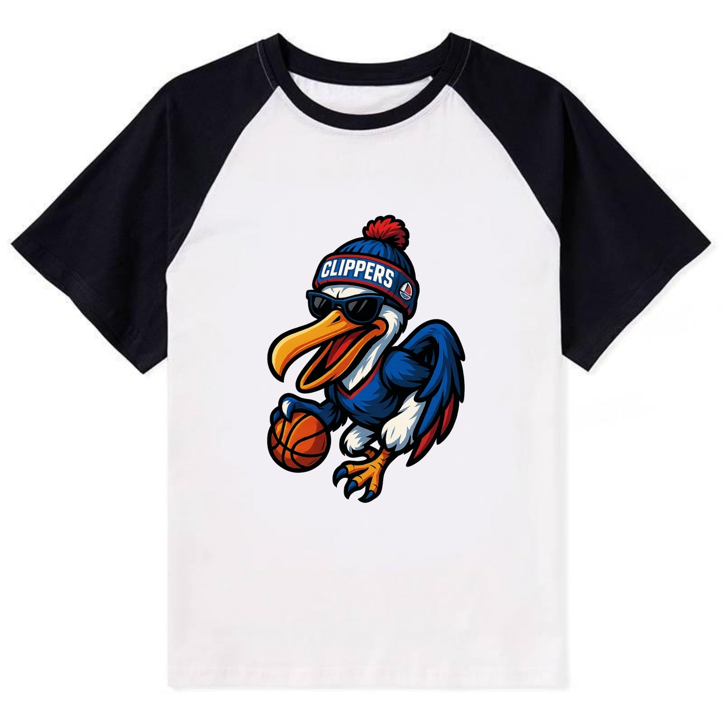 Los Angeles Pelican wearing Clippers beanie with sailboat patch and - Contrast Raglan T-shirt - Black