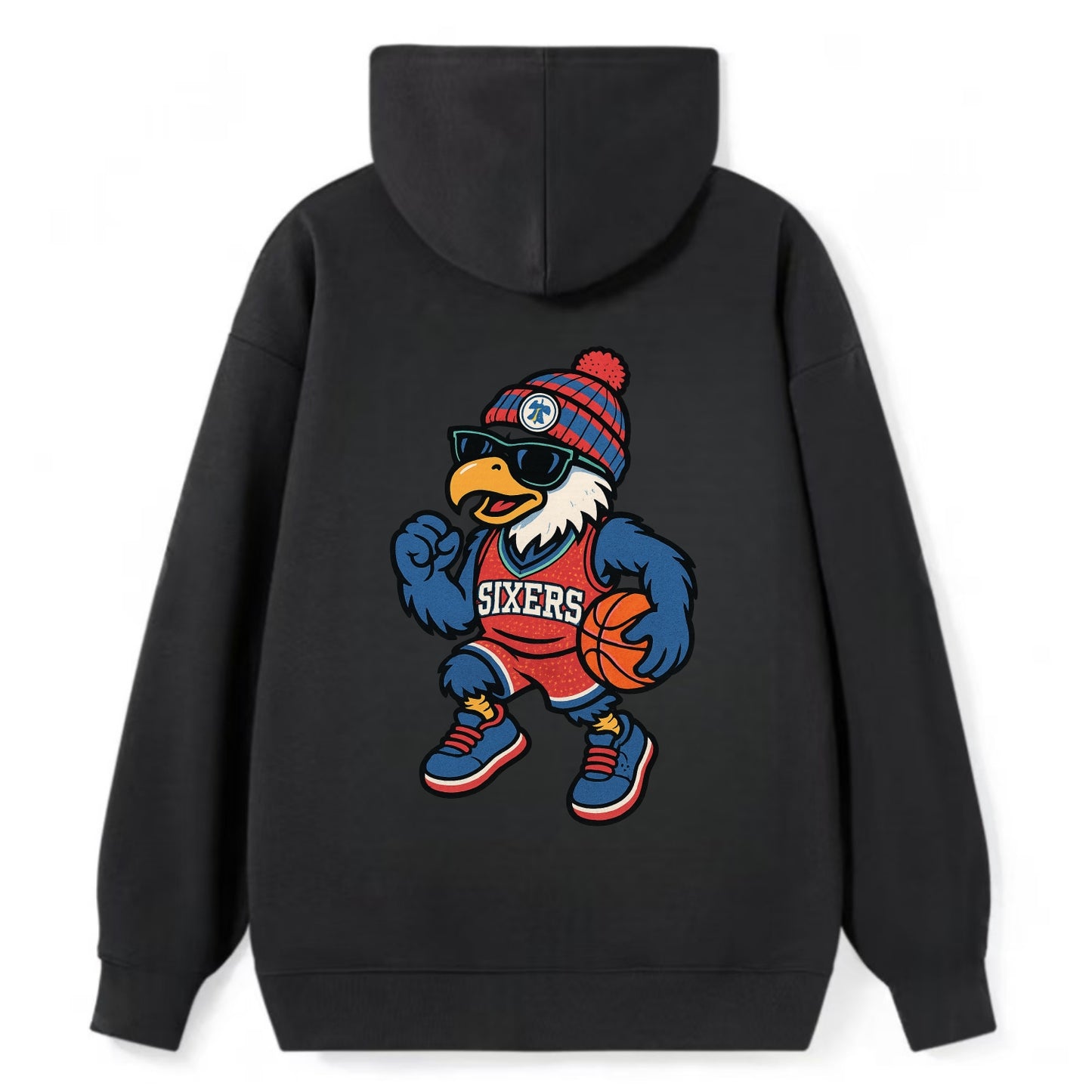 Philadelphia Eagle wearing 76ers red white and blue beanie with bell - Classic Pullover Hoodie - Black