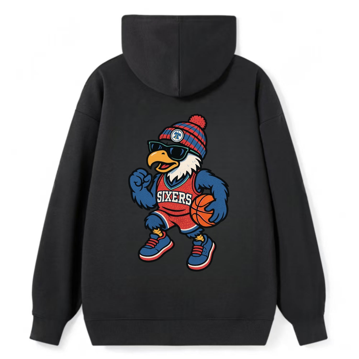Philadelphia Eagle wearing 76ers red white and blue beanie with bell - Classic Pullover Hoodie - Black