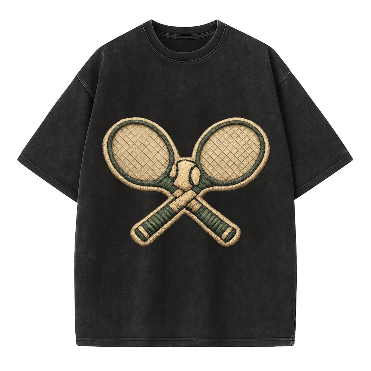 Embroidered patch design - TENNIS RACKET CROSSED - tennis rackets with ball in - Vintage T-shirt - Black