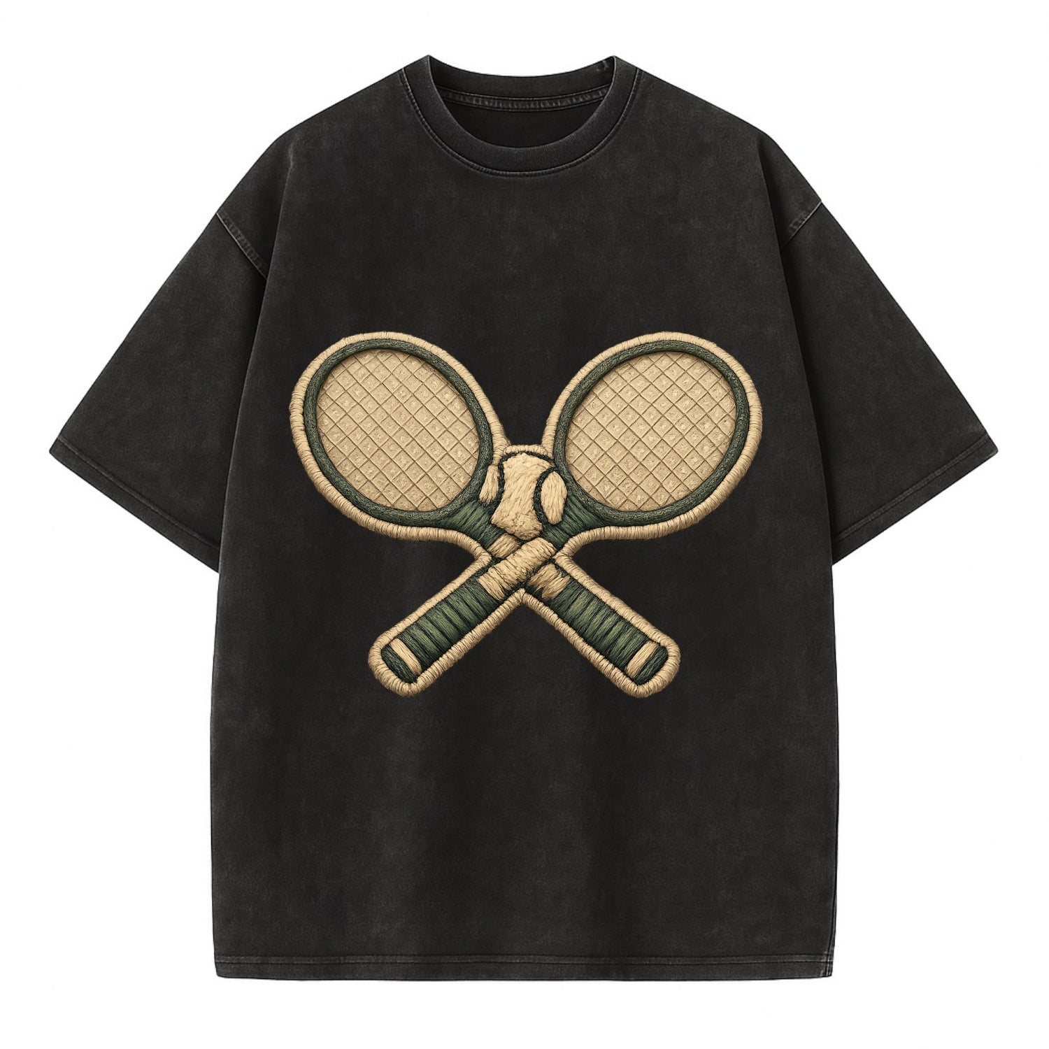 Embroidered patch design - TENNIS RACKET CROSSED - tennis rackets with ball in - Vintage T-shirt - Black